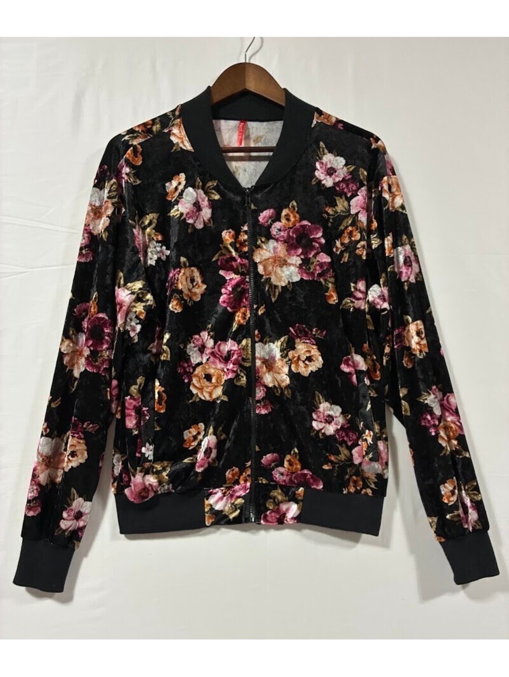 Paolino Women's Large Floral Velvet Bomber Jacket Black Pink Rose Print Zip